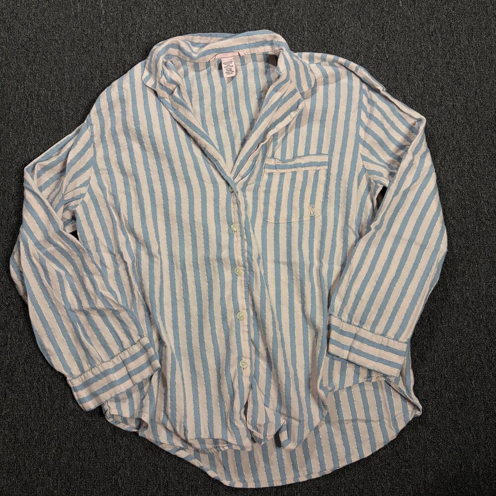 Vintage Y2k Victoria's Secret Pinstriped Baby Pink Button Front Flannel Small